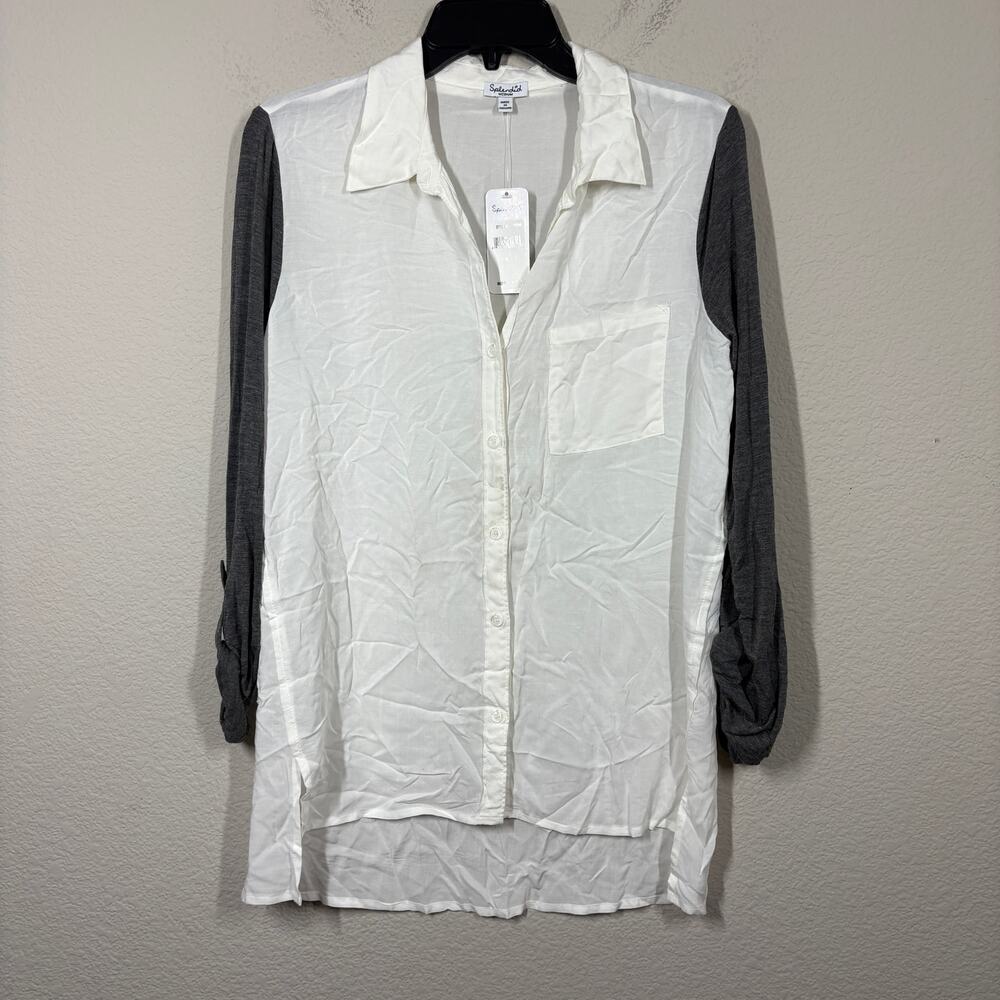 Splendid Medium Combo Roll Tab Sleeves Blouse White Gray Colorblock Button Up